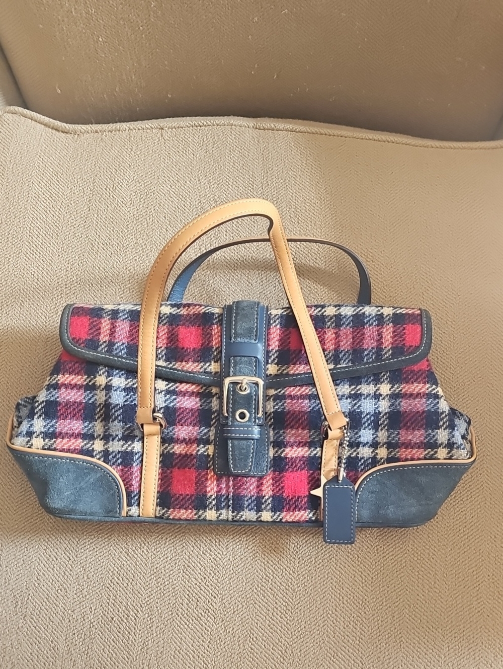 Coach Vintage Tartan Tote Handbag in Navy, Red & Tan